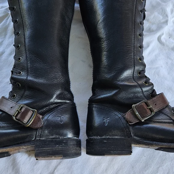 Frye Combat Moto Boots Black and Brown Leather - Picture 8 of 14